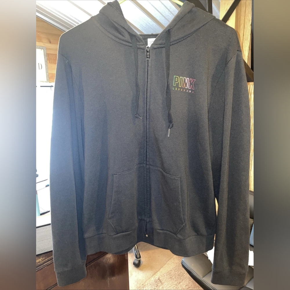 Victoria’s Secret Pink Hoodie Black With Rainbow Graphics Size Large